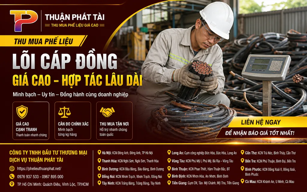 Nhân viên kiểm tra lõi cáp đồng và cân phế liệu bằng cân điện tử