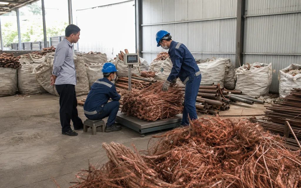 Nhân viên cân và phân loại phế liệu đồng công khai tại Hà Nội