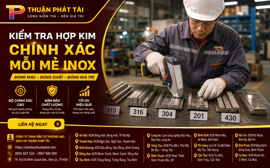 Kỹ thuật viên kiểm tra thành phần và phân loại các mác inox phế liệu